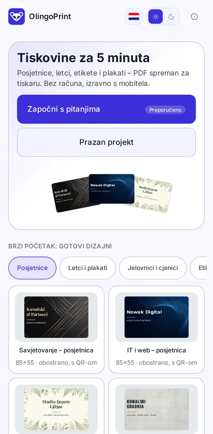 Uređivač posjetnica u aplikaciji OlingoPrint