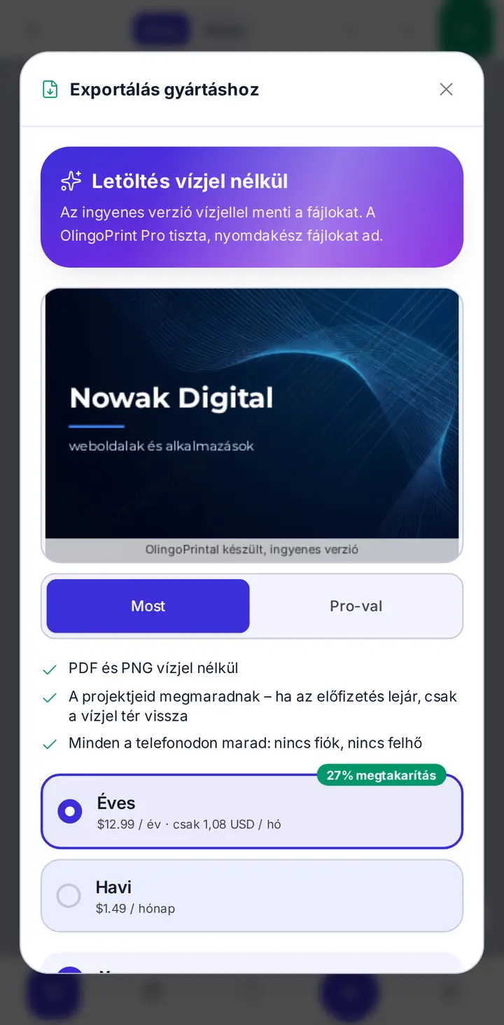 Pro: export vízjel nélkül