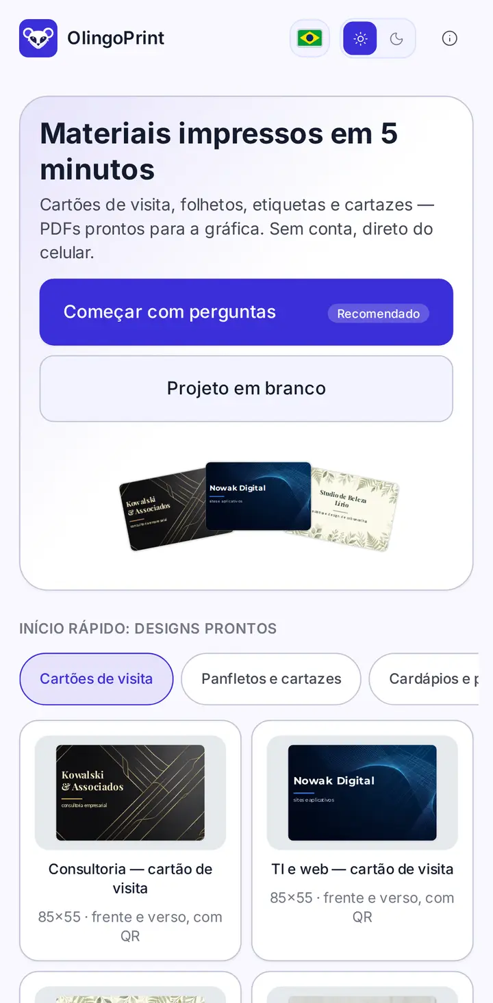 Editor de cartões de visita no app OlingoPrint