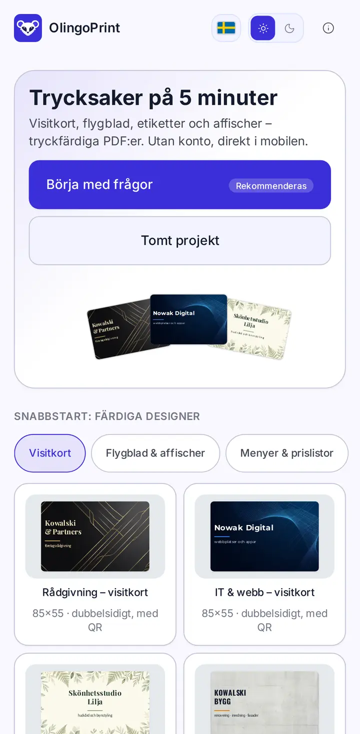 Visitkortsredigerare i OlingoPrint-appen